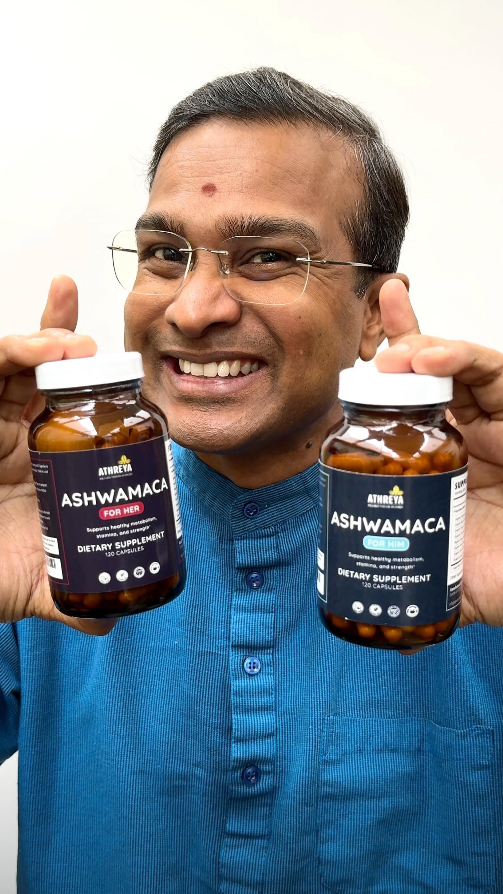 Ashwamaca by Athreya — patented Ayurvedic blend of Ashwagandha and Maca for sustainable daily energy.