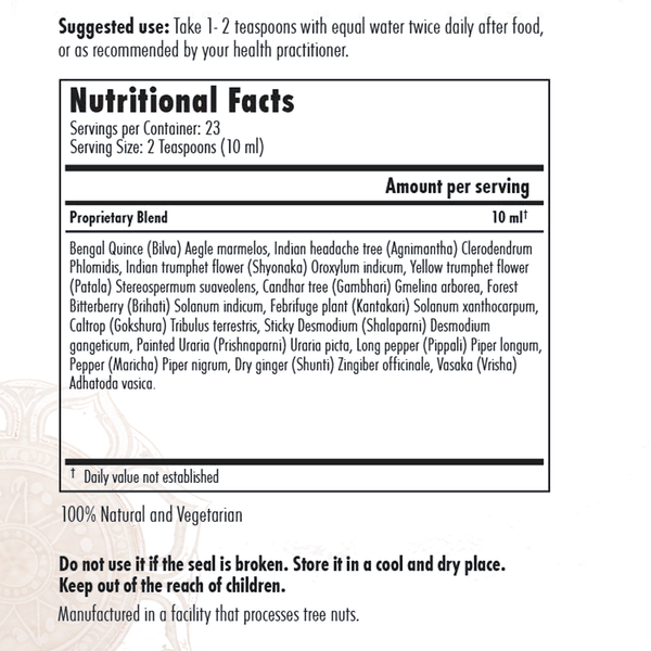 Athreya Dashamoola Katutraya Kashayam, supplement facts label