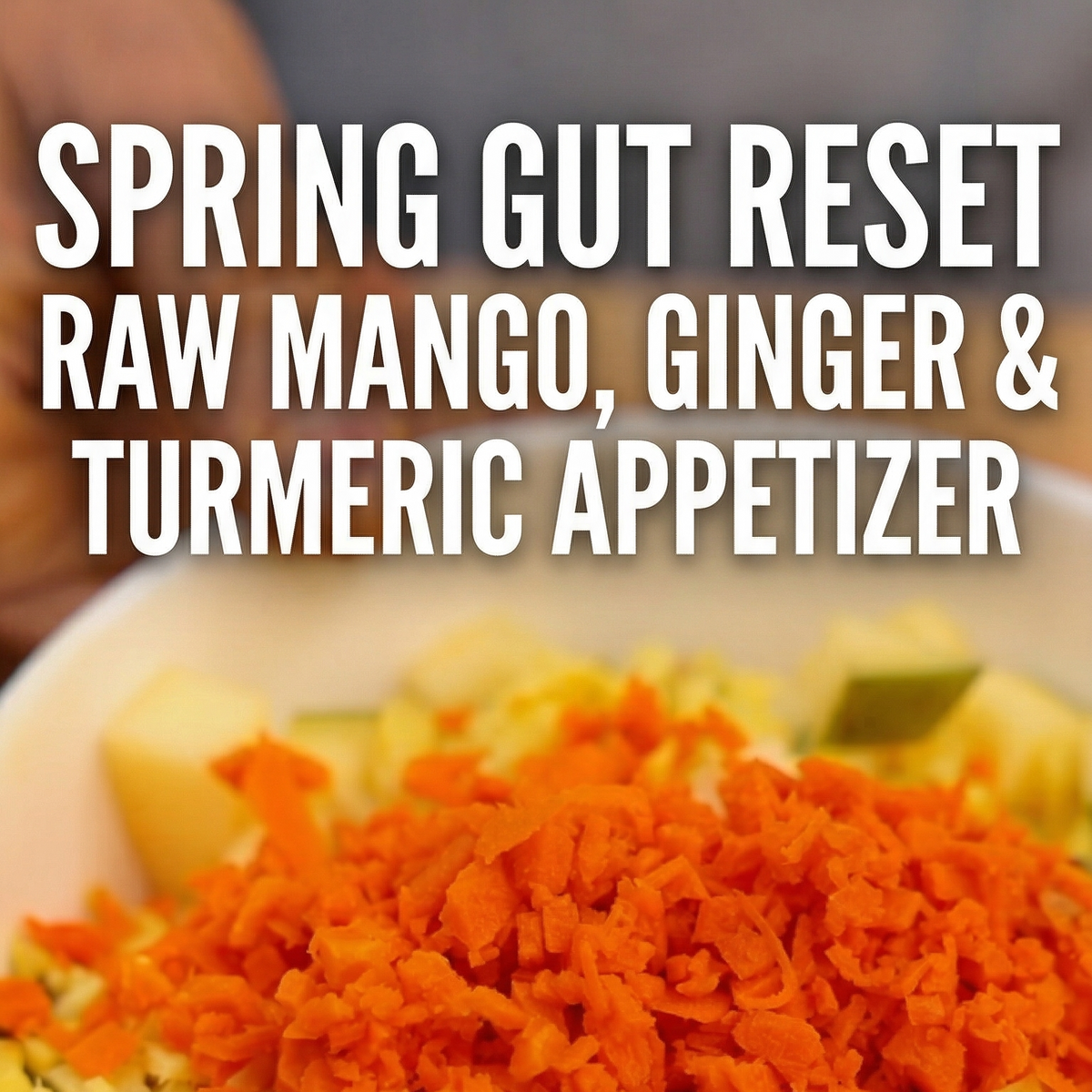 Appetizer with raw mango, ginger, and turmeric in a bowl on a textured surface.